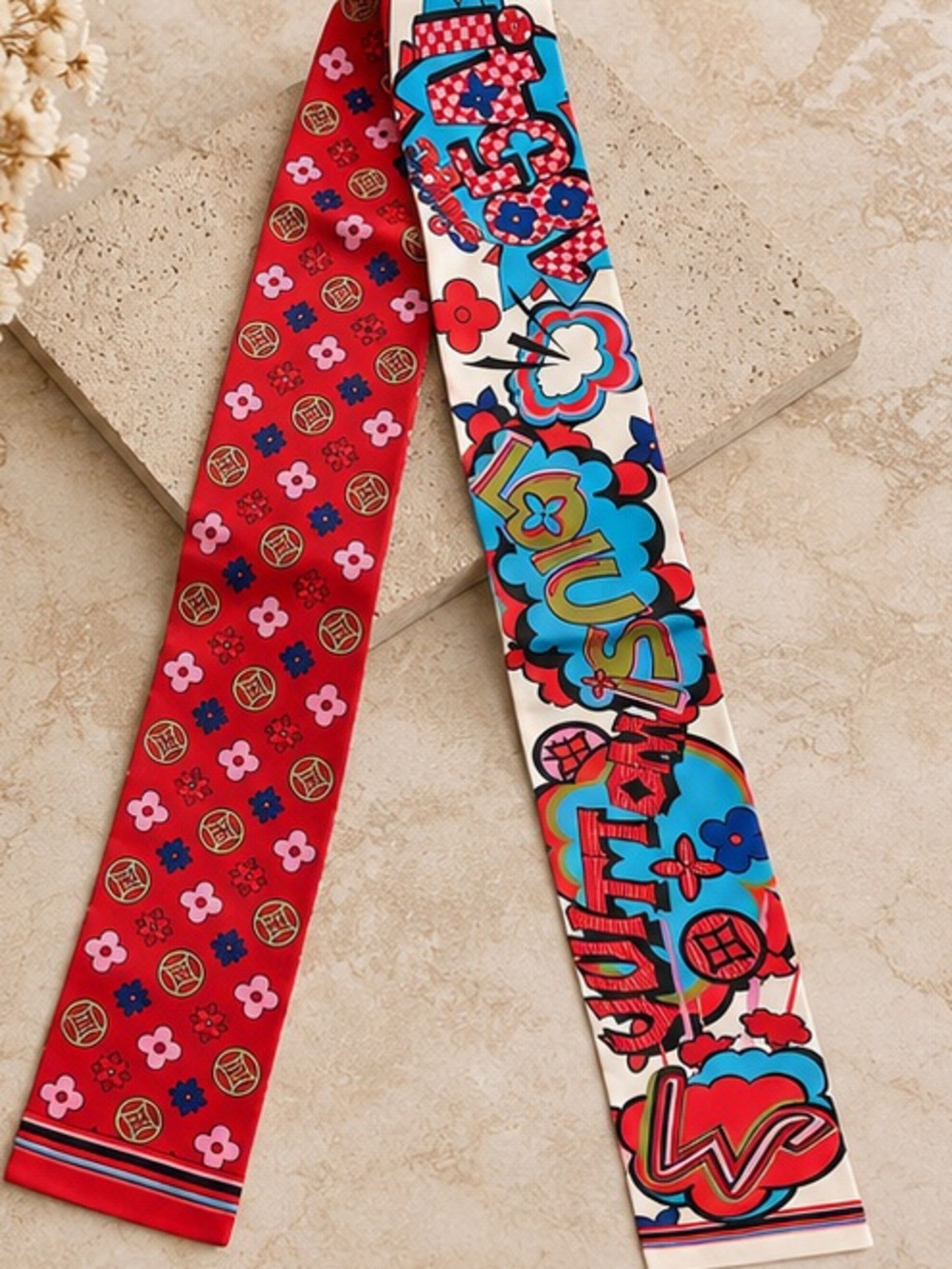Large Red Multicolor Pop Art Twilly Scarf Designer Inspired